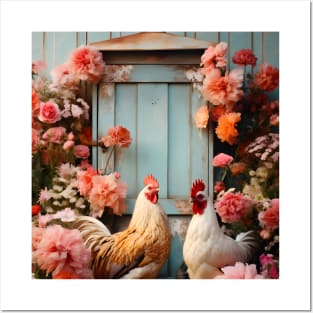 Retro Elegant Art - Chicken and Flowers by the coop Posters and Art